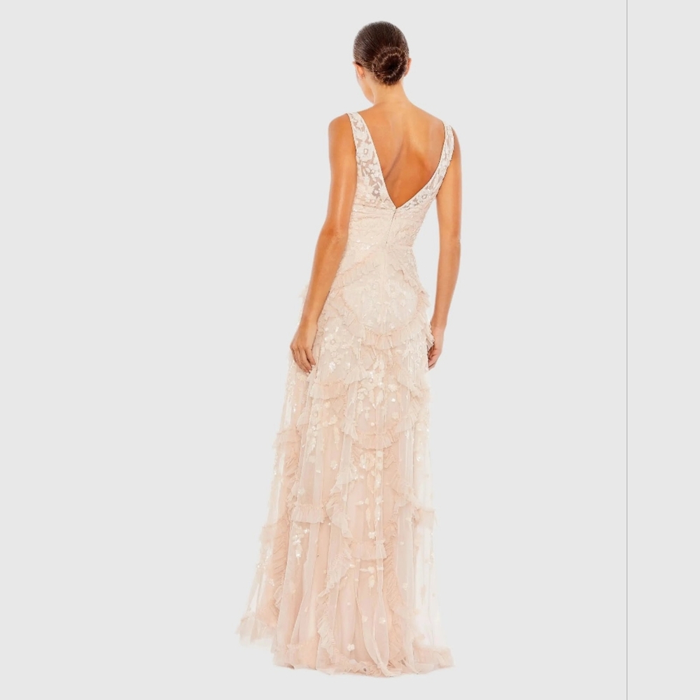 NWT Sz 16 Mac Duggal 9162 Pink Sequined Scallop Ruffle Tiered V-Neck Gown - Picture 3 of 6